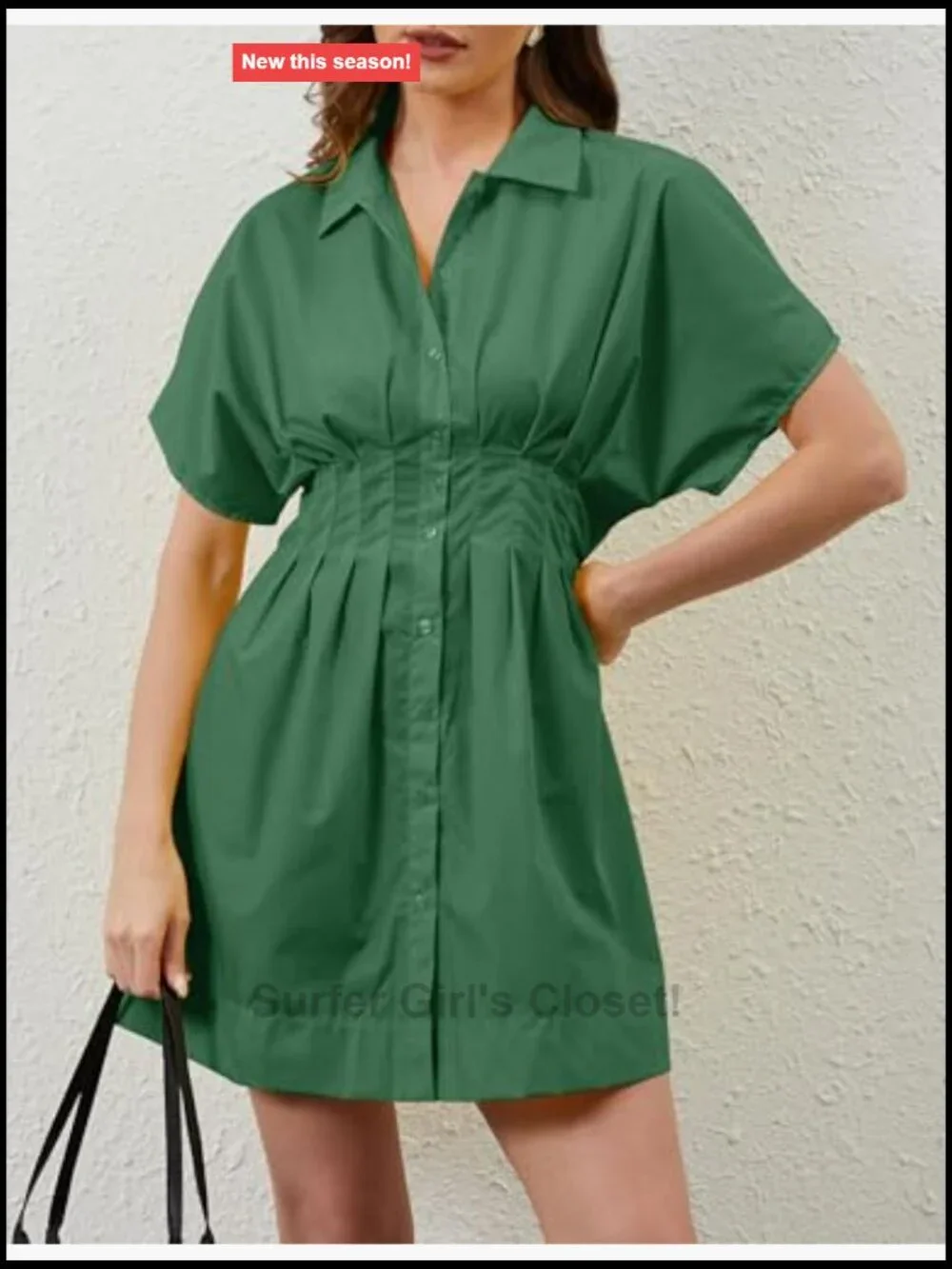 Pleated Button Down Shirt Dress Short Sleeve Mini A-Line